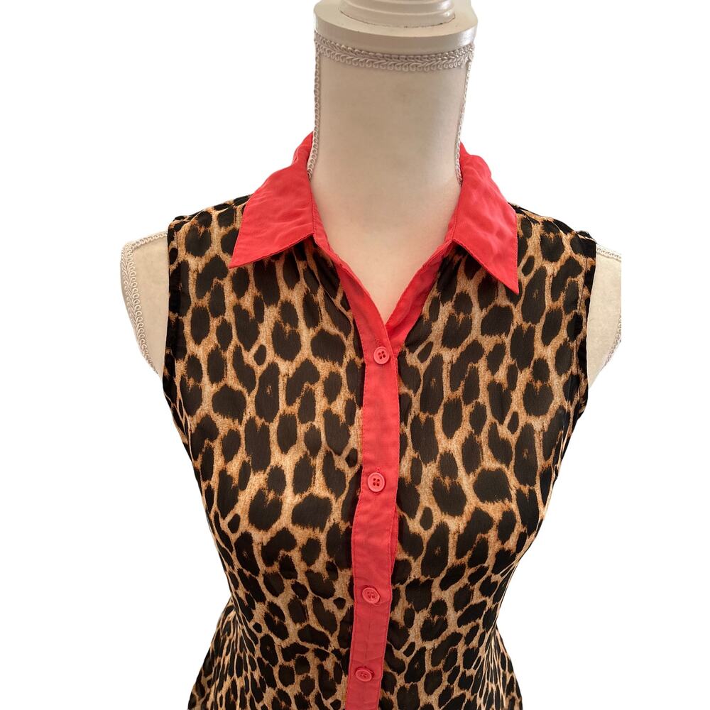 Ali & Kris Button Down Sleeveless Leopard Animal Print Sheer Blouse Size Small - Picture 6 of 11